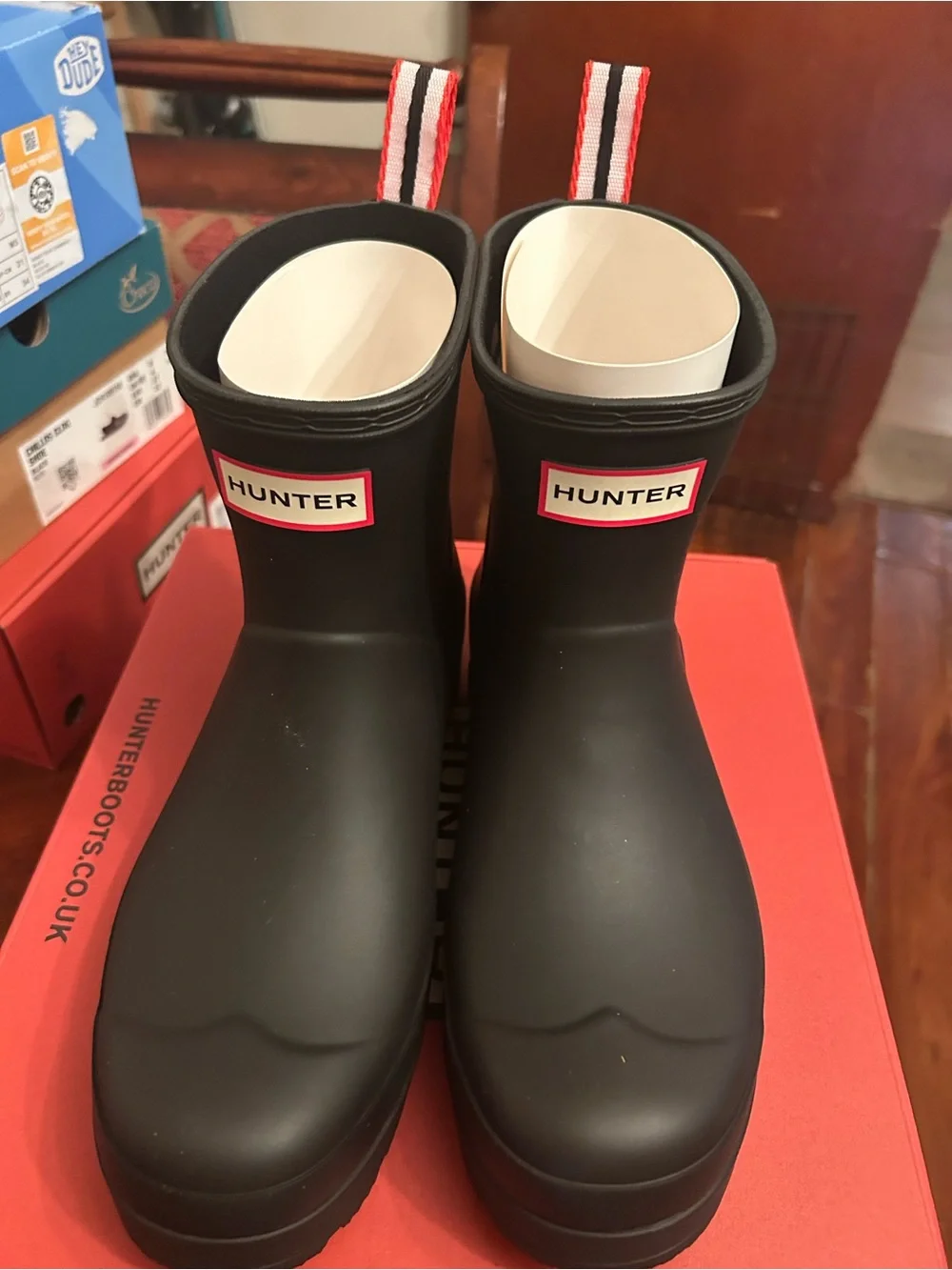 Hunter Matte Black Short Rain Boots with Red-Trim Pull Tabs